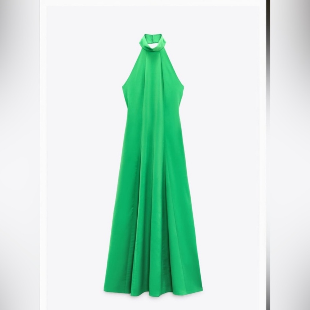 ZARA Apple Green Long Satin Halter Neck Low Back Dress XS